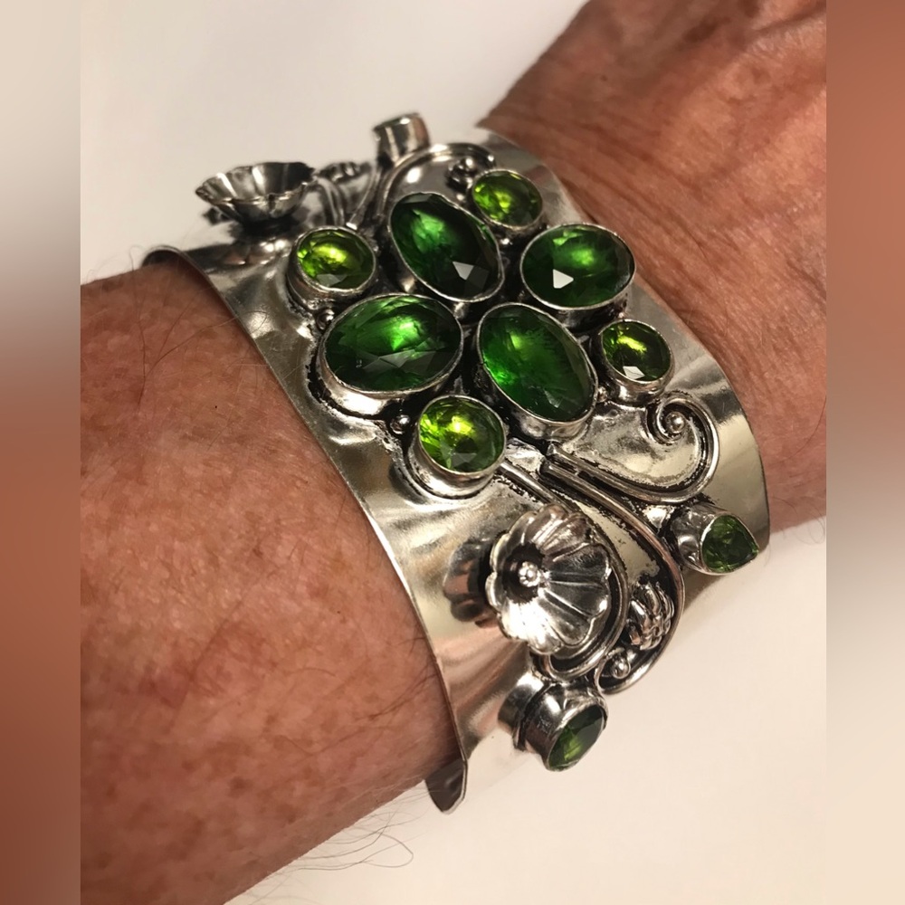 Peridot Stamped 925 Sterling Silver Cuff Bracelet